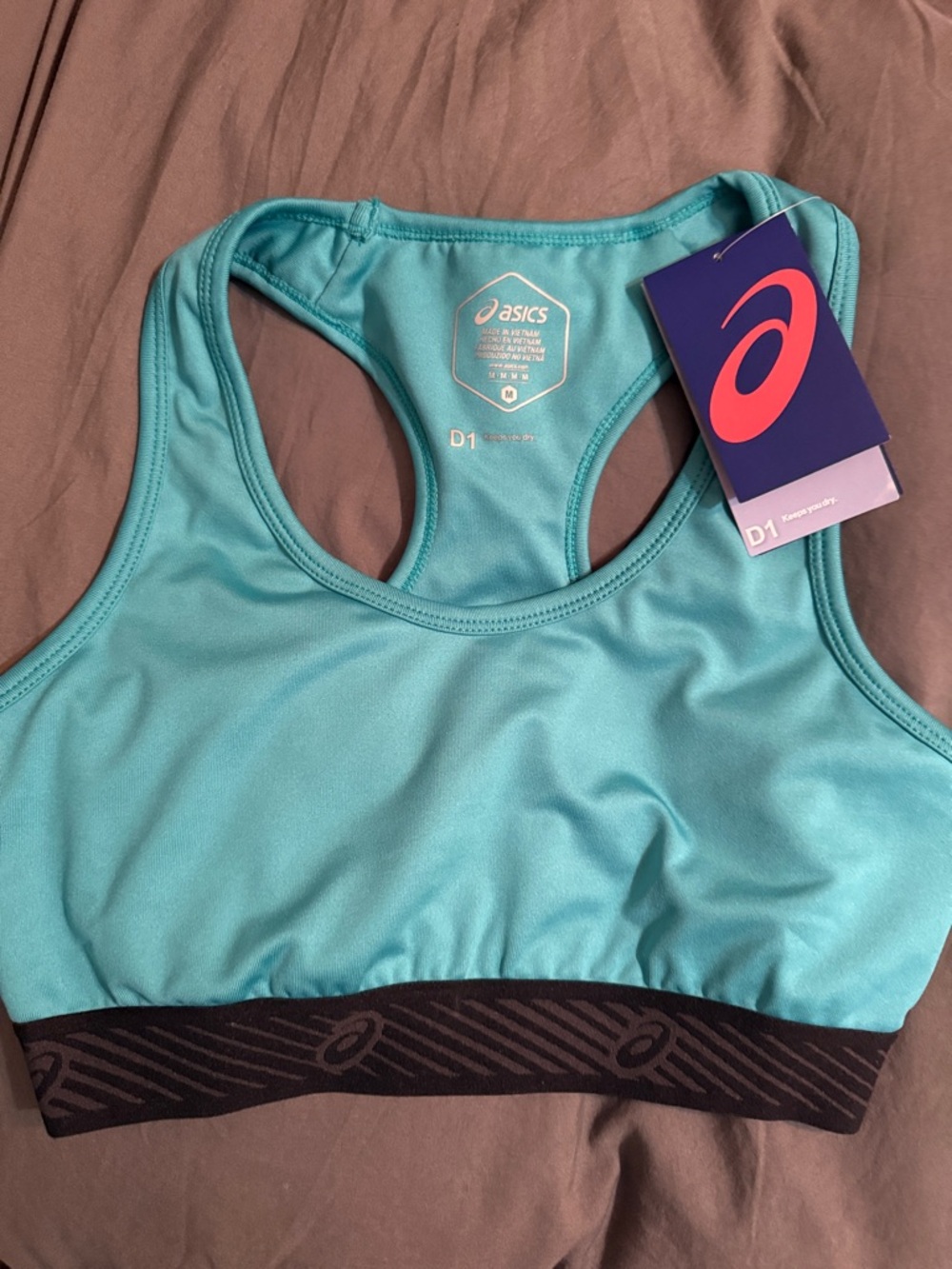 ASICS Turquoise D1 Racerback Sports Bra with Black Elastic Band